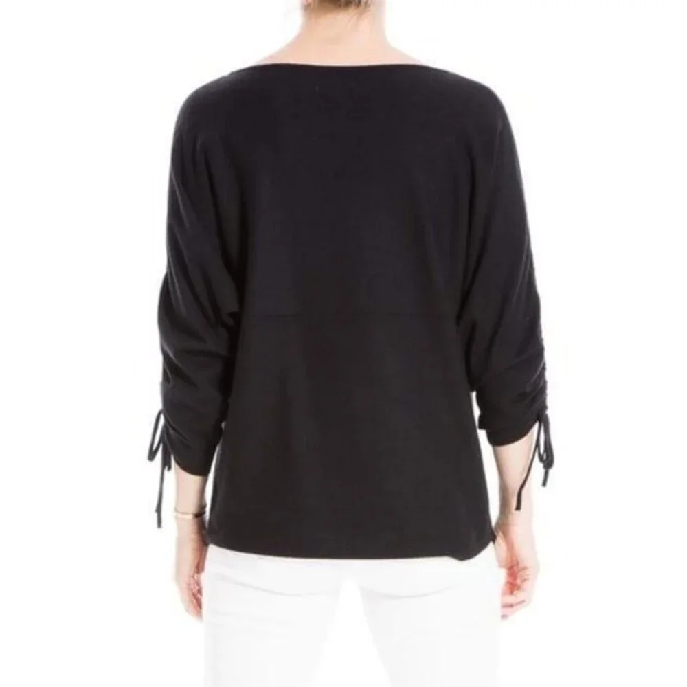 NWT Max Studio Women's Black Ruched Sleeve Scoop Neck Sweater, Medium